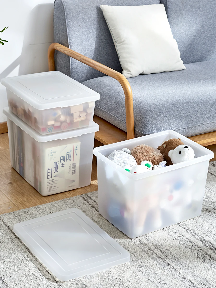 

Large Size Frosted Semi-Transparent Plastic Storage Box Thiened Toy Clothing Book Storage Box with Cover Household Organizer