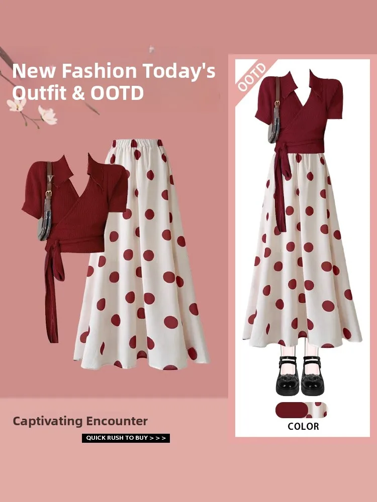 Retro Hong Kong Style Polka Dot Belted Waist Short Sleeve Half Skirt A-Line Long Dress Slimming Effect Summer Fashionable
