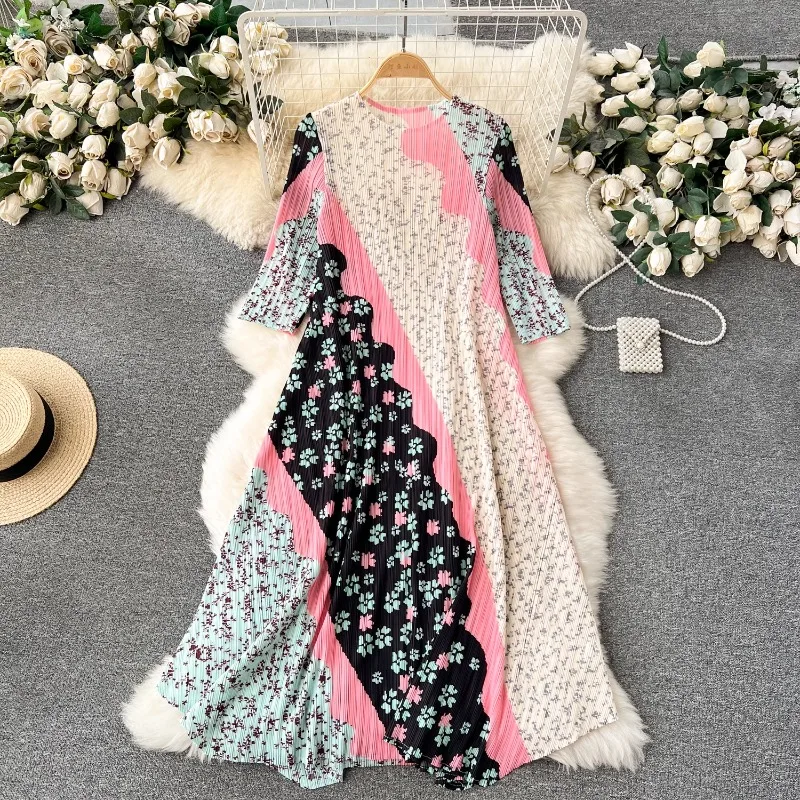 

Occident Vintage High-End Robe Femme O Neck Pleated Loose Casual Evening Dresses Office Lady Flower Print Vestidos De Mujer