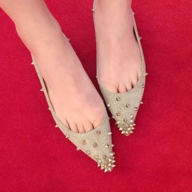 

New flat bottomed rivet pointed shoes for women with shallow mouth,flat heel,increased height,sloping heel,sequined single shoes