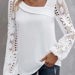 Camisa de retazos de encaje con cuello de madeja blanca para mujer, acampanada Blusa de manga, camisas casuales ahuecadas, Top femenino, primavera y otoño