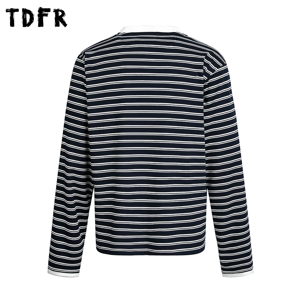 Contrast Paneled Striped Long Sleeve T-shirt Mens Spring Casual Spliced Crew Neck Loose Tshirt Man Tee
