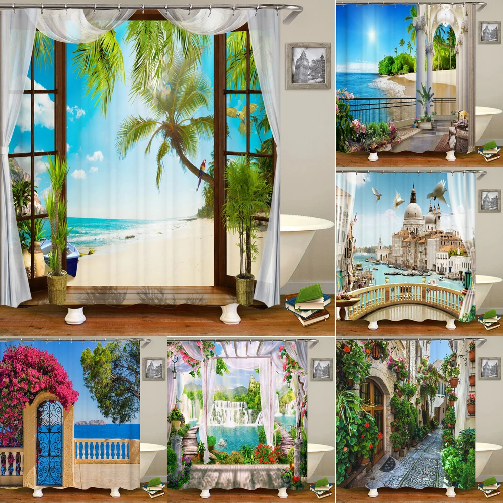 

European Landscape Shower Curtain Polyester Fabric Blue Sea Beach Palm Trees Ocean Balcony Garden Bath Curtains Bathroom Screen