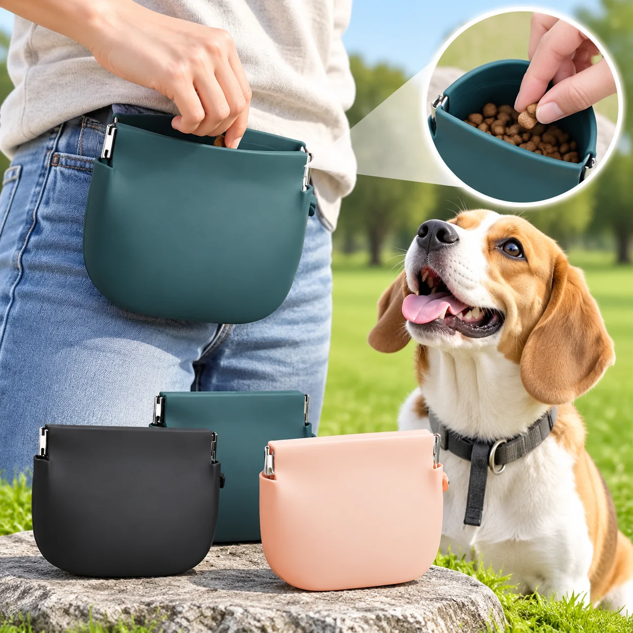 Dog Treat Pouch Food Grade Silicone Auto Closure Leakproof Pet Training Bag Portable Outdoor Walk Snack Storage Easy Clean 1pc