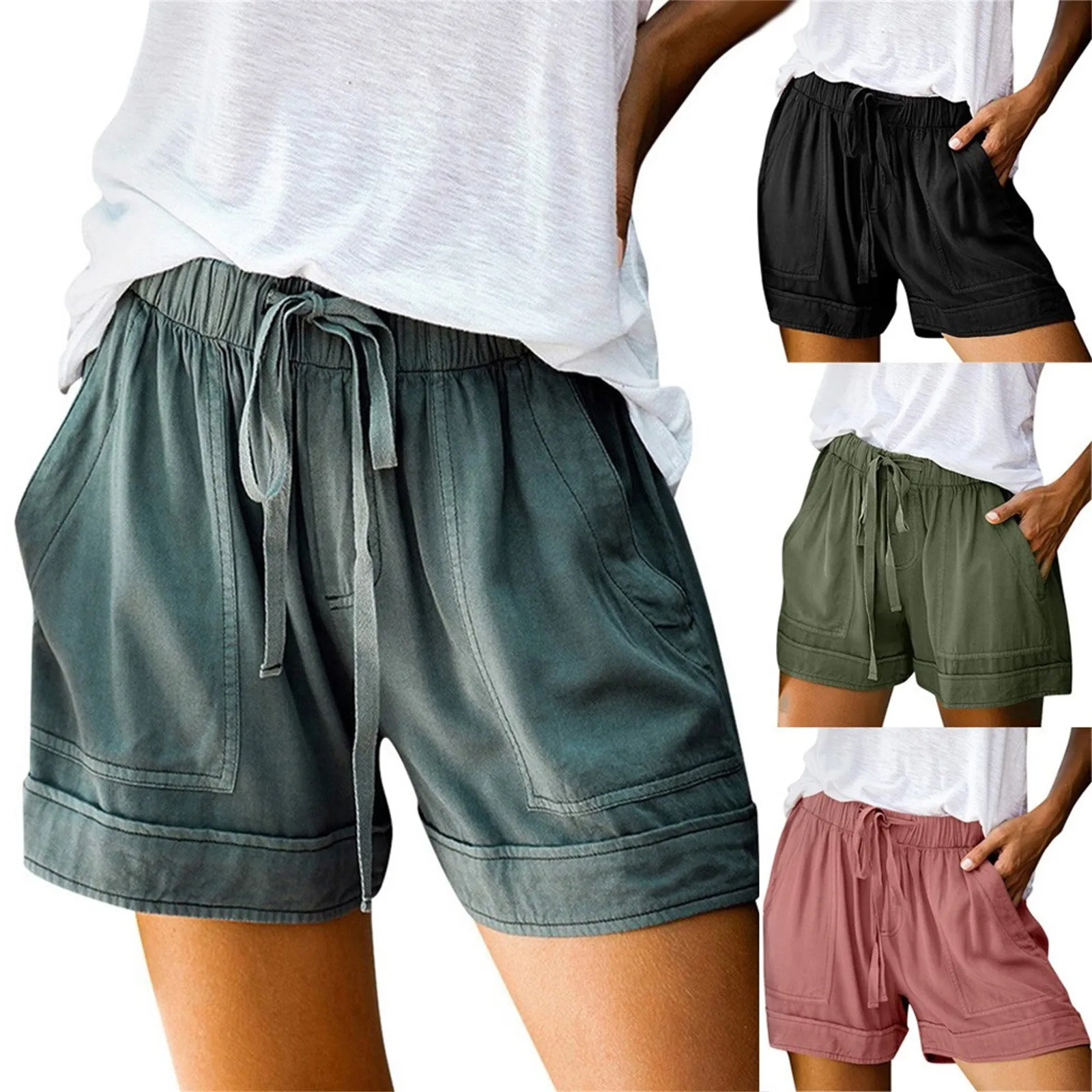 

Women's Solid Color Loose Shorts Cotton High Elastic Waisted Drawstring Patchwork Cute Shorts Beach Casual Shorts With Pockets