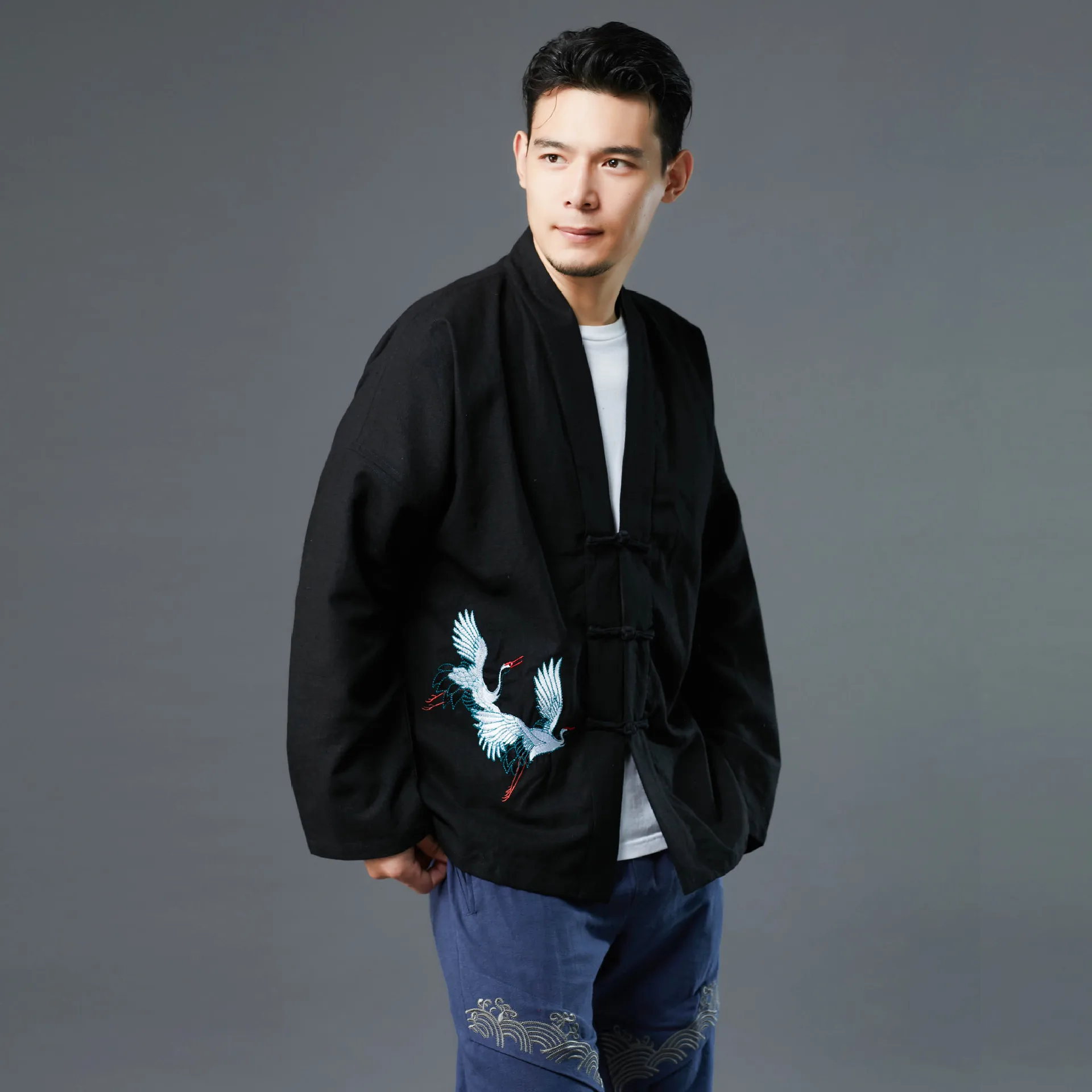 

Autumn New Three-Button Crane Men's Casual Top Chinese Style Chinese Knot Button Embroidery Ethnic Clothing Creative Style