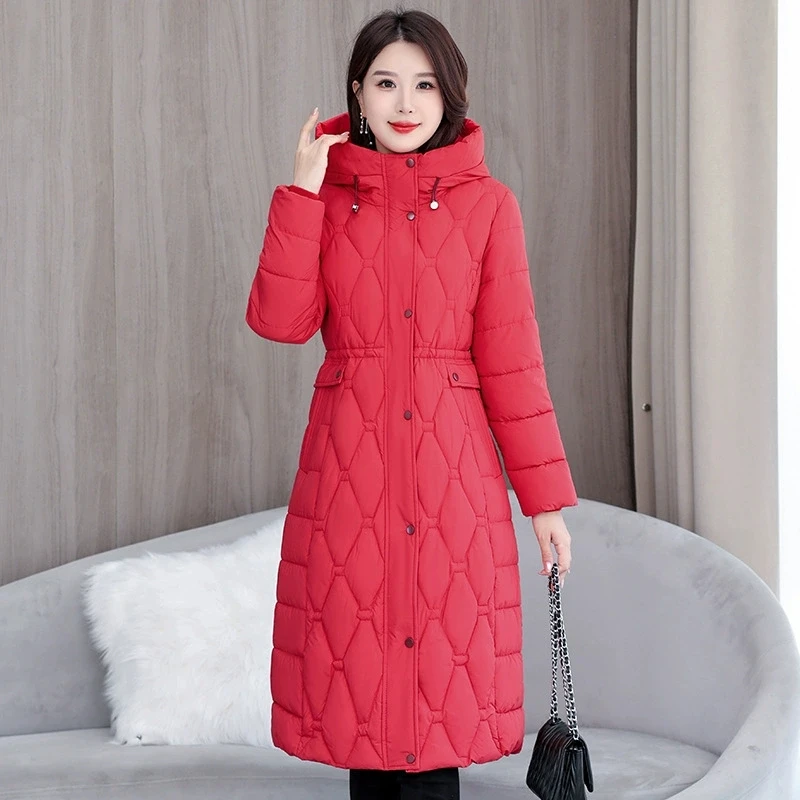 Chaqueta de algodón para mujer, Chaqueta larga acolchada de algodón con capucha para mujer coreana, abrigo de nieve Parka ajustado para invierno 2025
