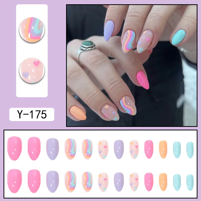 24 Pieces of Medium Style Raindrop Shaped Rainbow&love Patterned Fake Nails with 1 Piece of Jelly Glue and 1 File