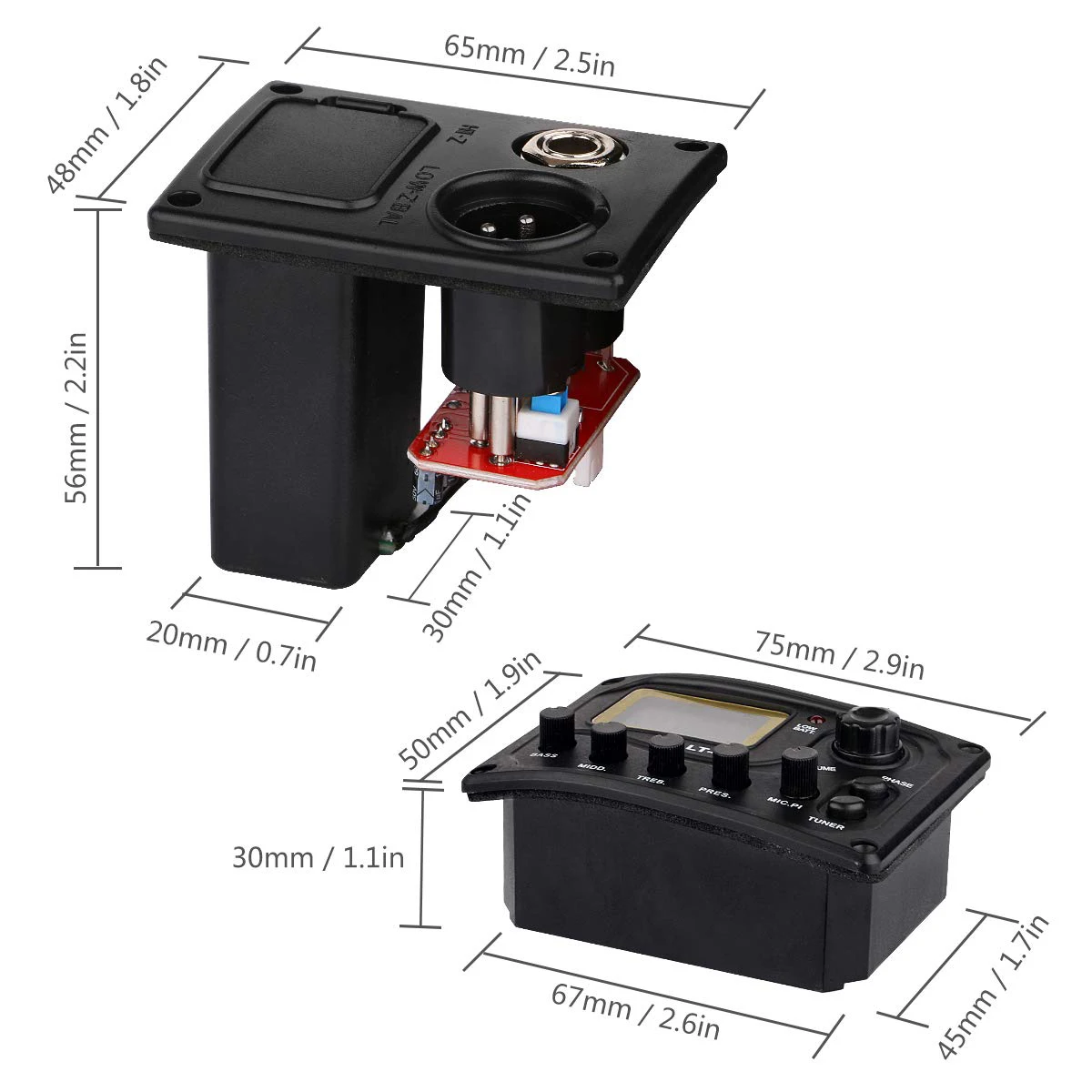 موالف الغيتار الصوتي ، معادل مكافئ 5-Band ، preampo Piezo ، Pre-أمبير ، نظام مكبر للصوت مع مقبض الصوت ، LCD