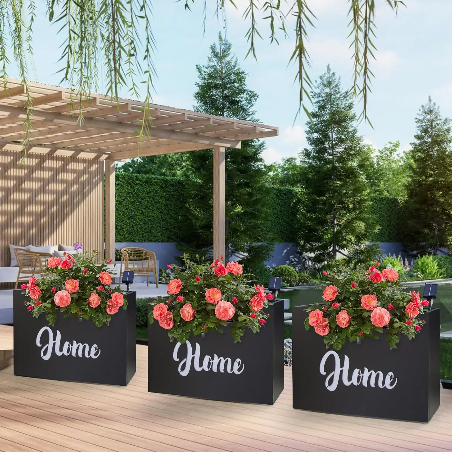 Metal Planter Box Rectangular Block - Galvanized Steel Long Planter Box with Solar Light Outdoor All-Weather Use with Drainage