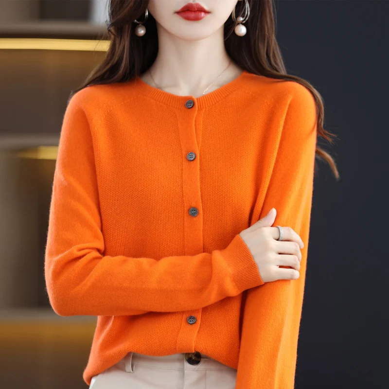 Autumn And Winter New 100% Australian Pure Wool First-Line Ready-To-Wear Women\'s Round Neck Sweater Cardigan All-Match Coat 019