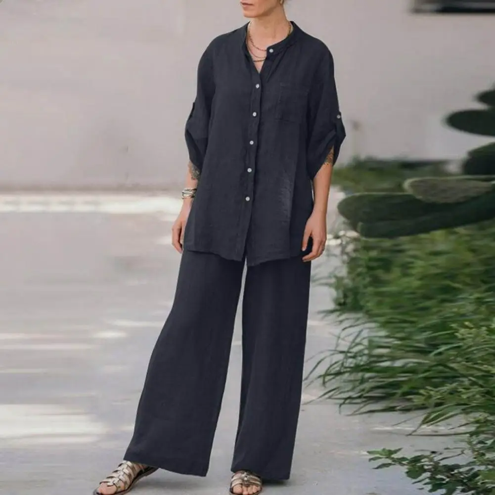 Completo Casual da donna in due pezzi Set da casa Versatile da donna elegante camicia con colletto alla coreana pantaloni a gamba larga per una comoda Chic