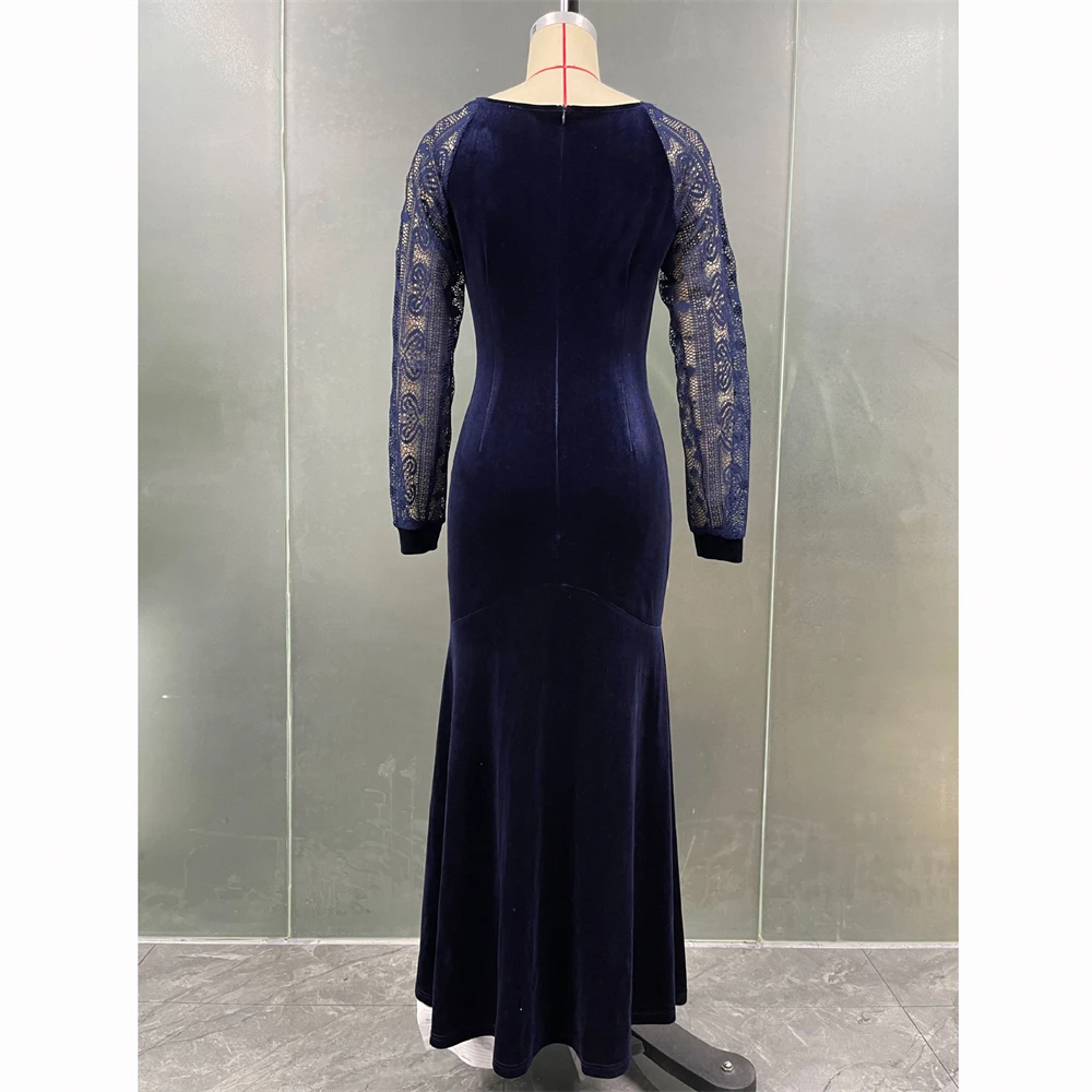 Elegant Women Velvet Bodycon Maxi Party Dress Hollow Evening Wedding Gown Dubai Abaya Muslim Kaftan Islamic Vestidos Foraml Robe