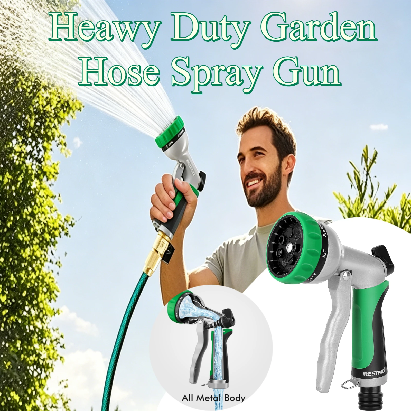 

Усиленная насадка для садового шланга с 7 режимами, металлический корпус, регулировка потока, противоскользящая рукоятка, без протечек, для полива и мойки автомобилей