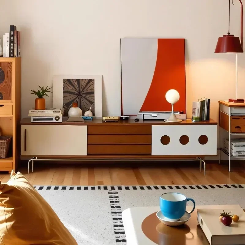Retro style small apartment living room floor, medieval storage cabinet