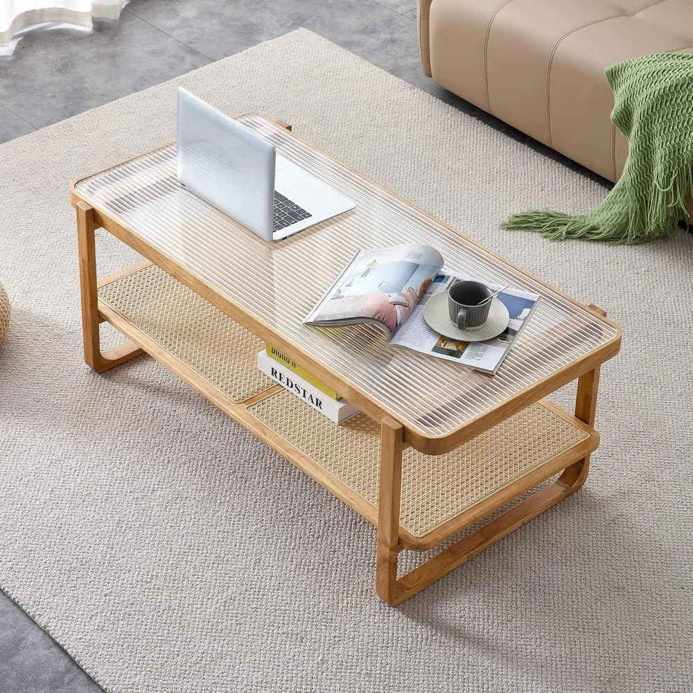 Rattan Coffee Table with Tempered Glass Top, Imitation Rattan Storage Shelf, Glass Top Rectangle Wood Coffee Table