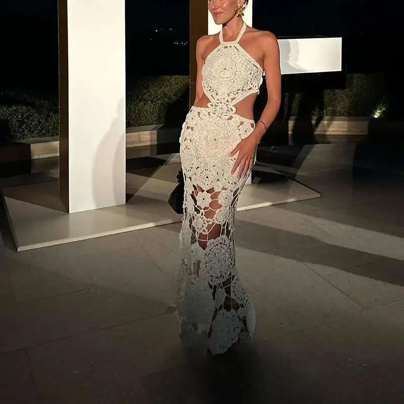 Jacquard Slim Sleeveless Holiday Fashion Lady Halter Hollow Knit Long New Summer Sexy Backless Wrap Hip Beach Dress