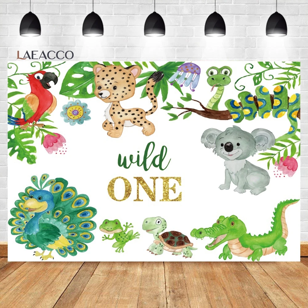 Laeacco Wild One Backdrop Jungle Safari Theme Tropical Animals Cute Peacock Baby Shower Portrait Custom Photography Background