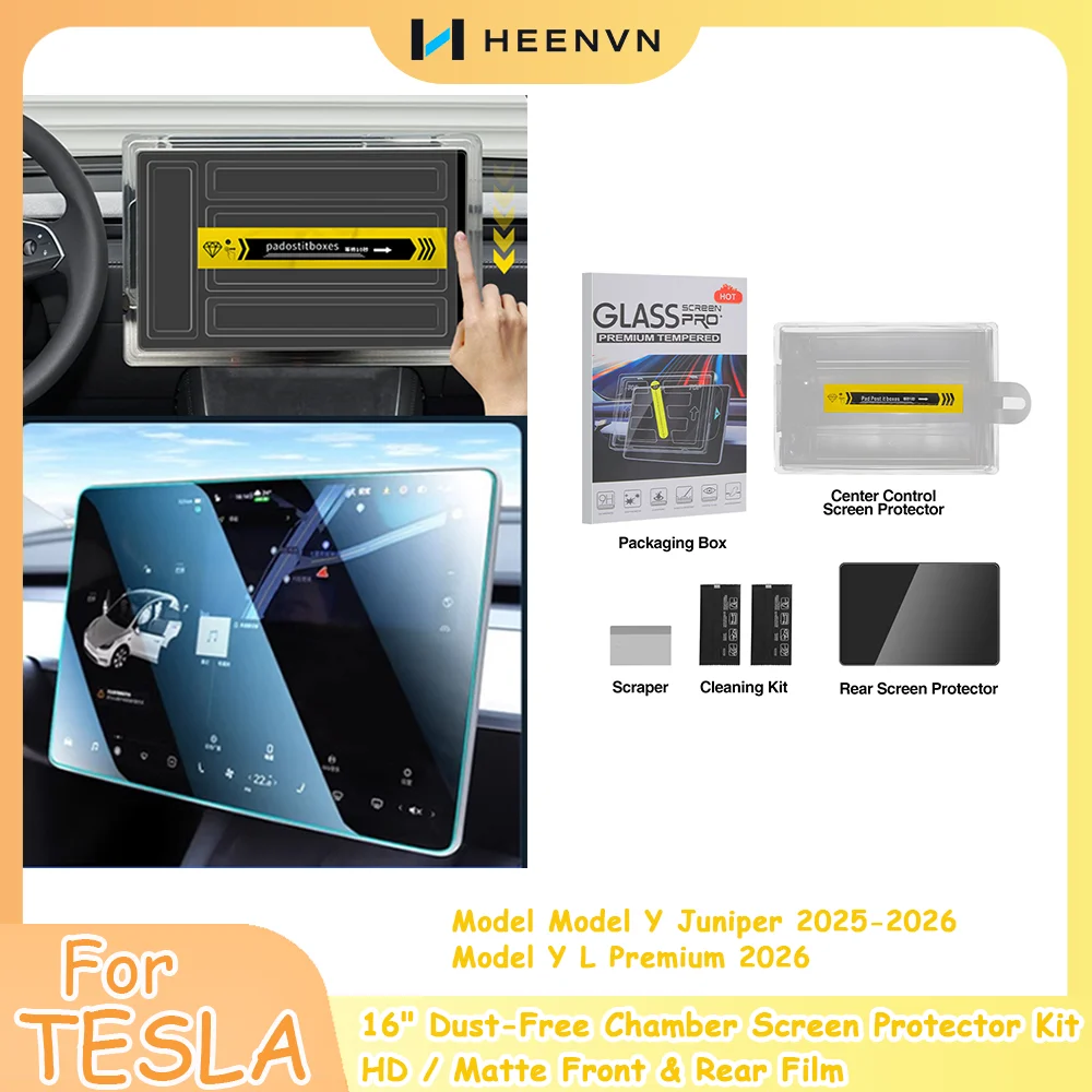 Heenvn 16 inch Screen Protector Dust-free Chamber For Tesla Model Y Juniper /Y L 2025 Tempered Front & Rear Film Center Control