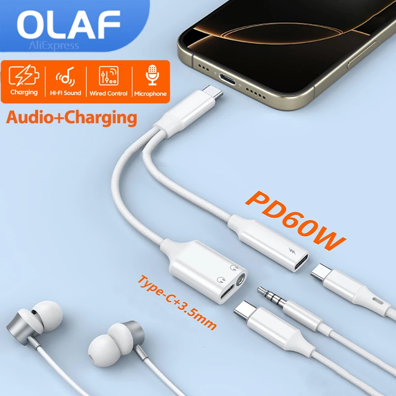 OLAF Audio Adapter Type-C Male to 3.5MM + Type C Female Wired Headphone Adapter Cable Splitter For iPhone 17 16 15 Samsung Phone