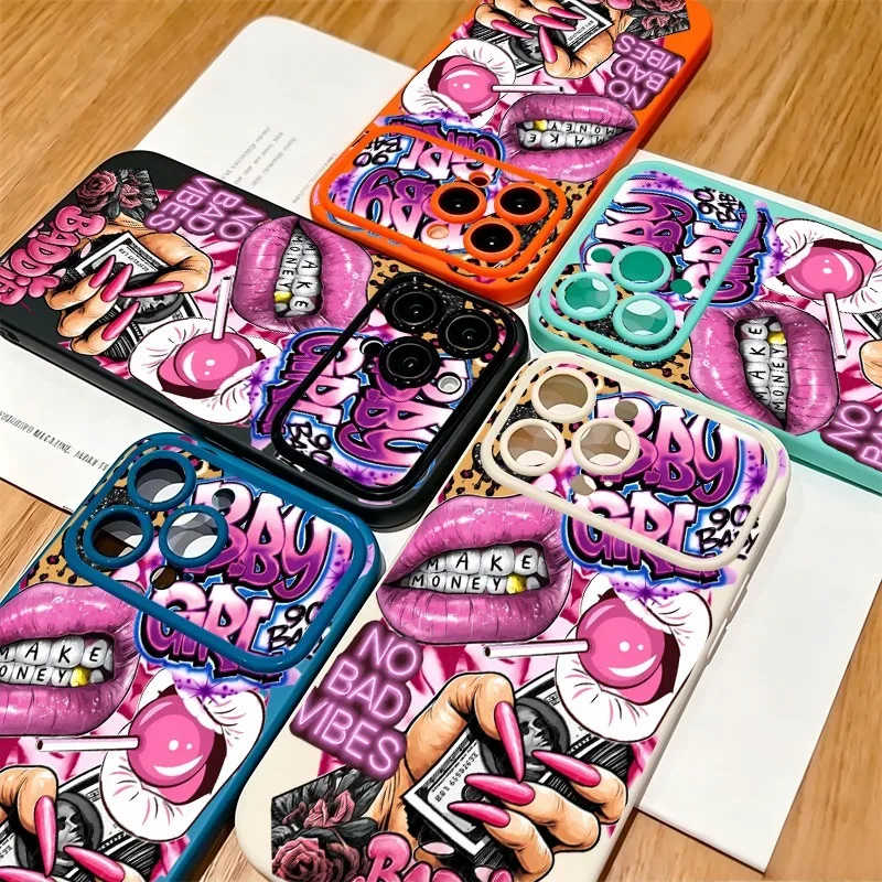 Hip Hop Pink Lips Baby Girl Graffiti Print Phone Case For iPhone 17 16 15 14 13 12 11 Pro Max Plus Soft Shockproof TPU Cover view 2