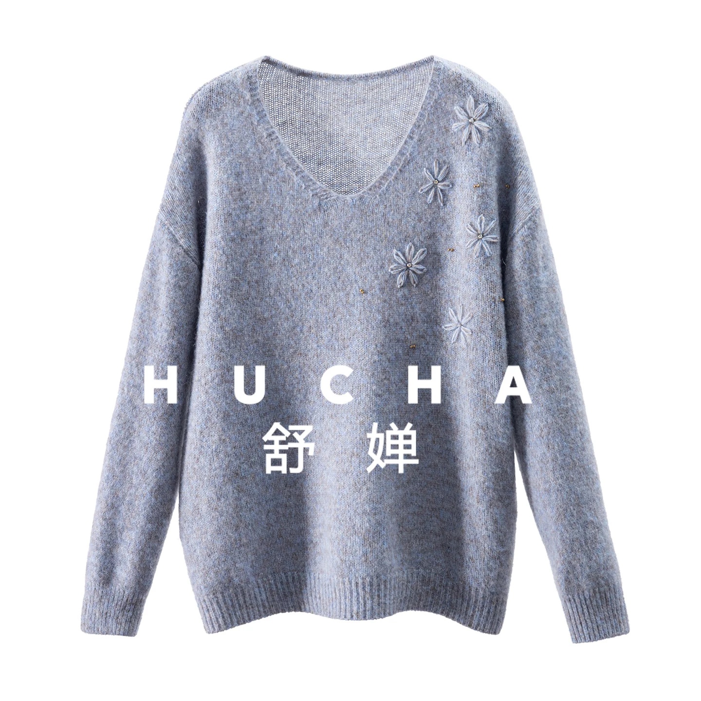 

Fashion Floral Yarn Soft Waxy Silk Cashmere Wool Bead Embroidered V-neck Sweater Women's 57E0 Pullover