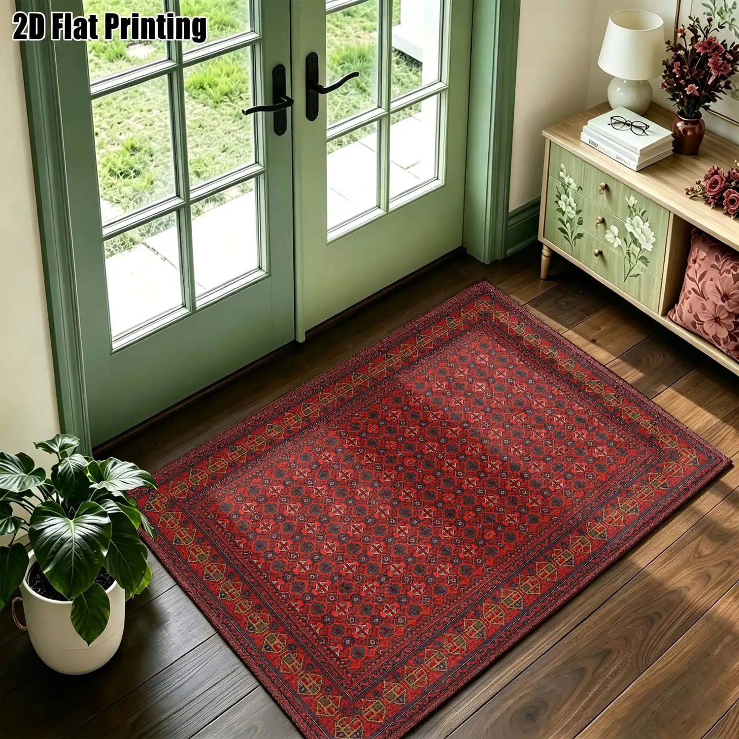 1Pc 2D Printed Carpet: Red Geometric, European Vintage, Bohemian Striped, Machine Washable, Multi-Size, Ideal for Home Decor Rooms Like Living Room, Bedroom, Dining Room, Entryway, Study