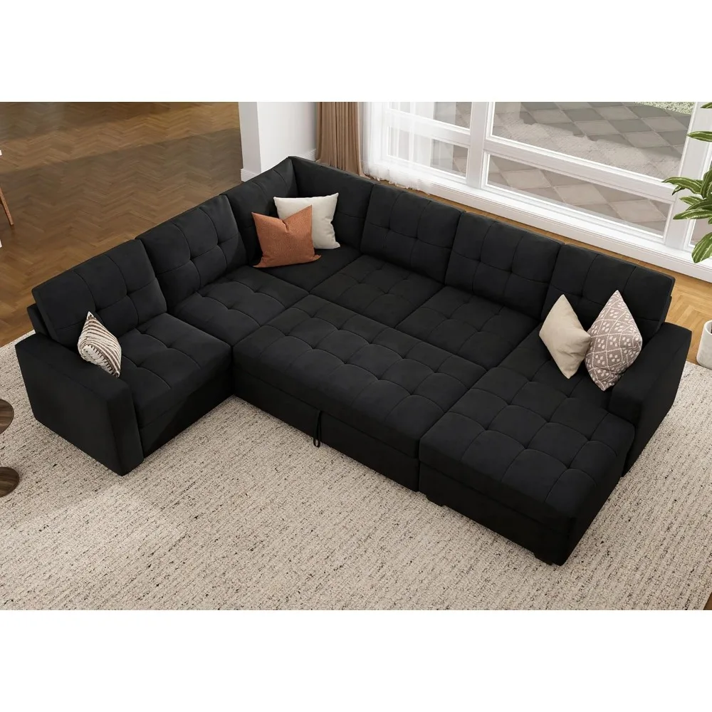 

Sectional Sleeper Sofa with Pull Out Bed, Sleeper Sectional Couch for Living Room, Sofa Bed with Storage Chaise, Velvet Black