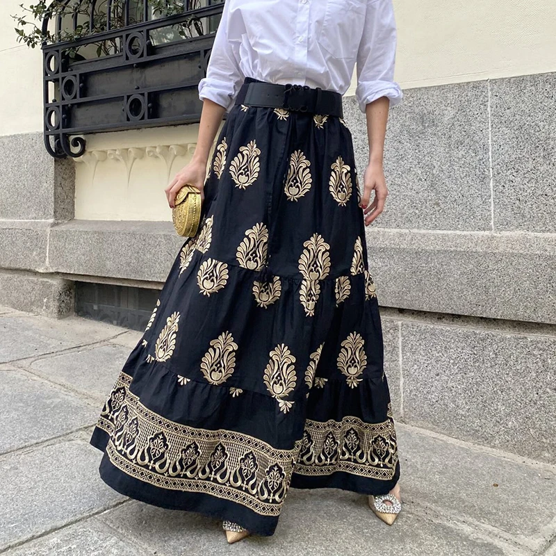 

New 2024 Summer Pattern Printed Loose Beach Skirt Casual High Waist Pleated Long Skirt Bohemian Women's Street Swing Half Skirt