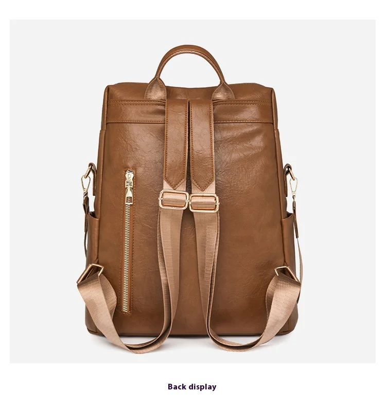 Retro women's backpack, PU soft leather with multiple pockets, large capacity business commuting travel backpack