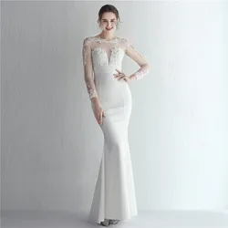 Women's Boat Neck Long Sleeve Handmake Wedding Mermaid Lace Beaded Formal Evening Gown