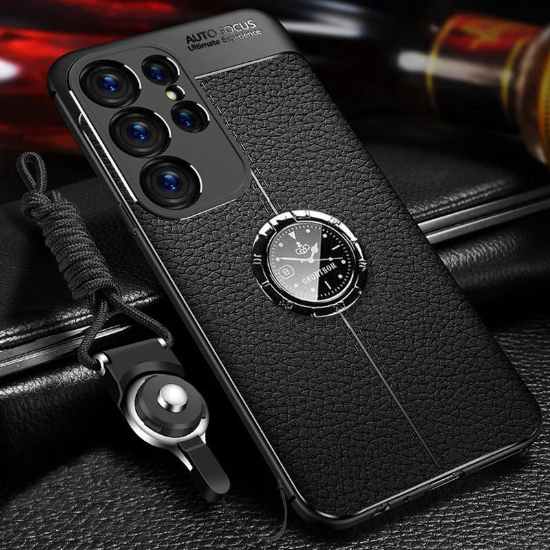 

For Samsung Galaxy S24 Ultra Case Luxury Leather texture With Stand Ring Magnet Silicone Back Cover Case For Samsung S24 Plus