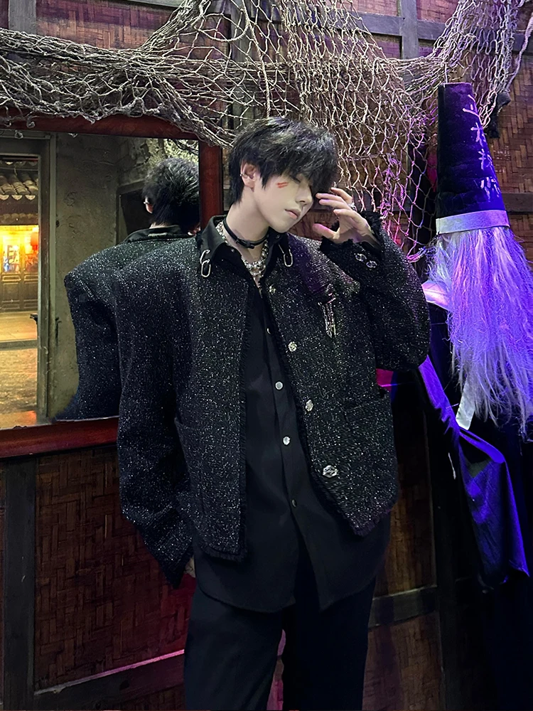 Black Shoulder Pad Short Jacket Men's Style Spring High Fashion Trendy Male Model Clothing CleanFit Short Jacket Outerwear