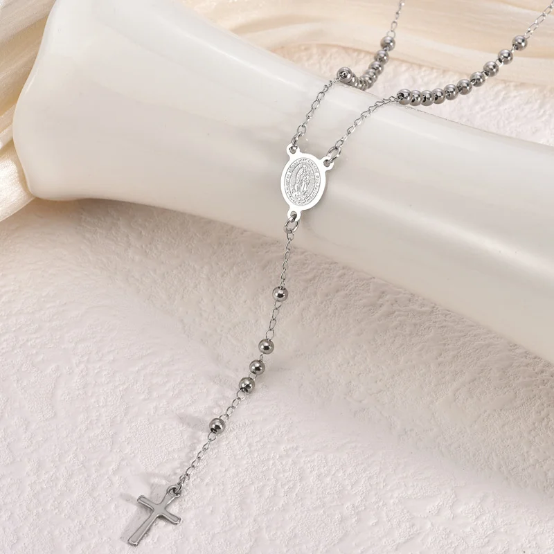 

Trendy Stainless Steel Madonna Cross Necklace for Women Men Exquisite Beaded Chain Pendant Necklace Daily Wear Jewelry Gift