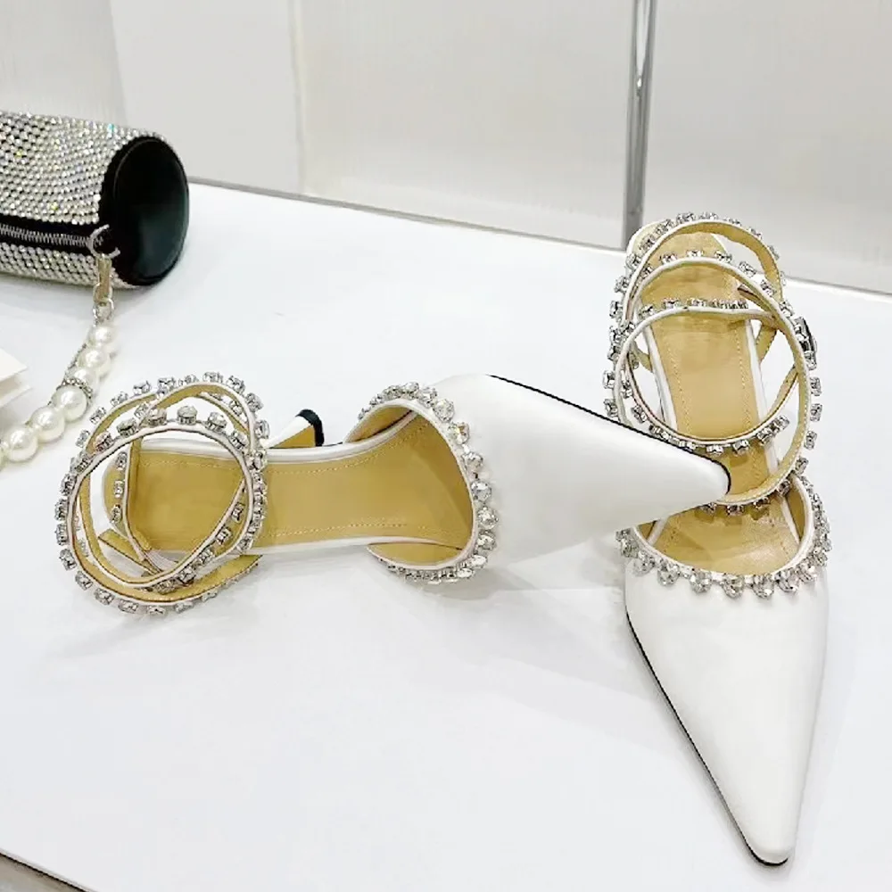 

2026 Women's French Pointed Stiletto Satin Rhinestone Strap Closed Toe High Heel Sandals Temperament Fairy Evening Catwalk Shoes