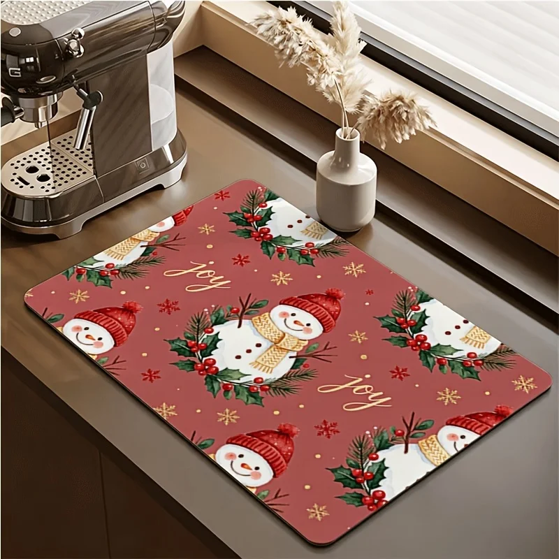 Drying Mat Snowman Joy Christmas Berry Print Tableware Drain Pad for Coffee Bar Countertop Decoration