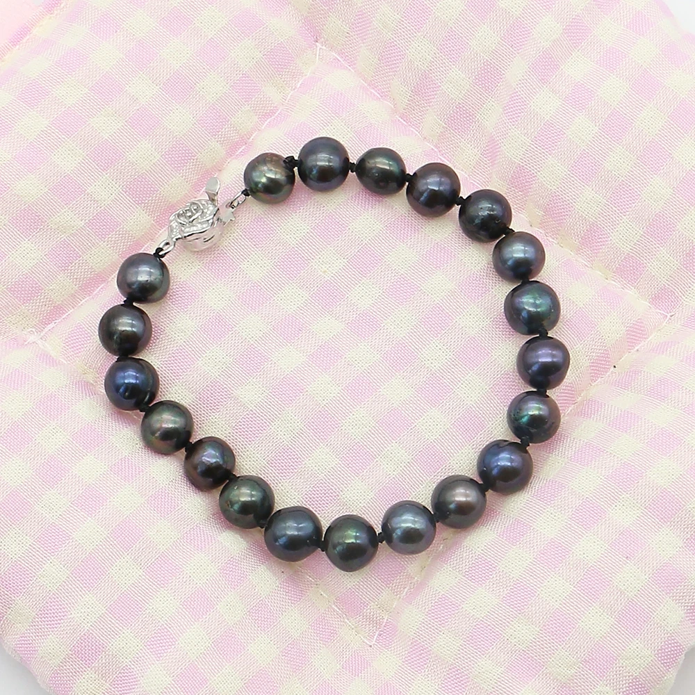 

Niche Black-Dyed Freshwater Pearl Bracelet 8-9mm Round Baroque Pearl Spacer Bead Wrist Jewelry Accessory For Dark Style Outfits