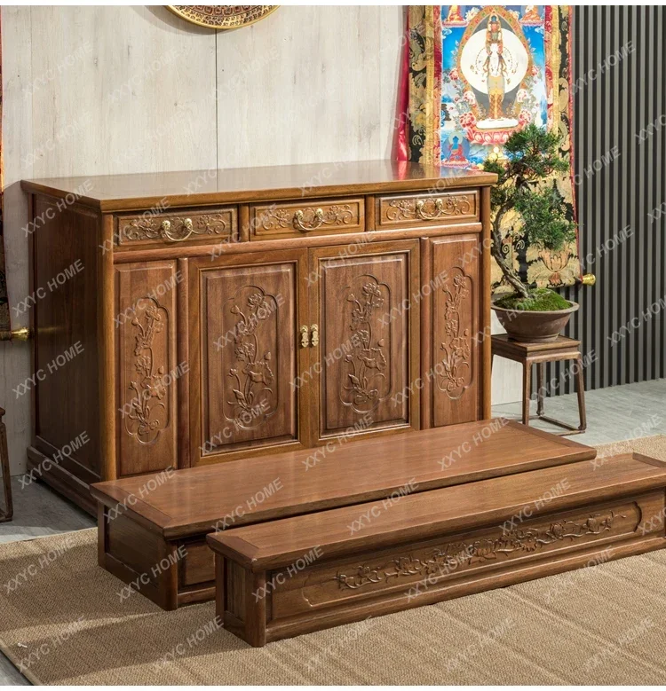 Altar de 3 niveles para el hogar, de madera maciza, para incienso, mesa larga y estrecha para el centro de la sala, para el culto al Dios de la Riqueza y al Altar de Guanyin