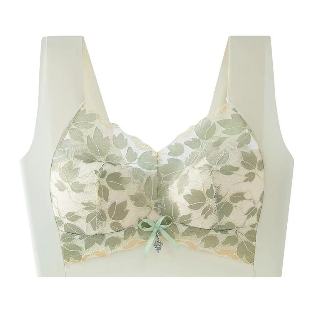 

Soft Leaf Lace Deep V Bras Bowknot Big Cup Brassiere for Women Zircon Gathered Breasts Push Up Bras Running
