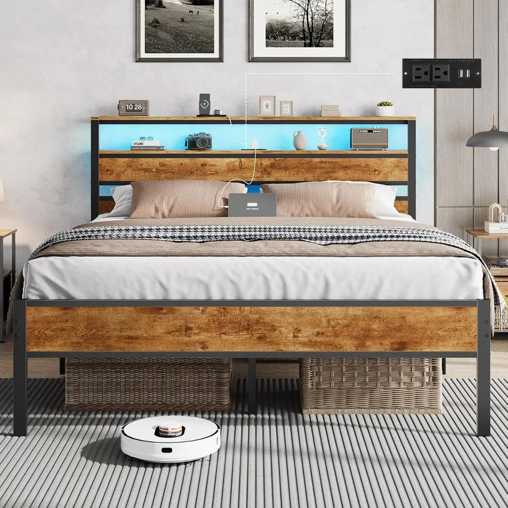 

Queen Bed Frame with Headboard LED Lights, Queen Size Bed with Charging Station 2-Tier Storage Shelves, Metal Platform Be