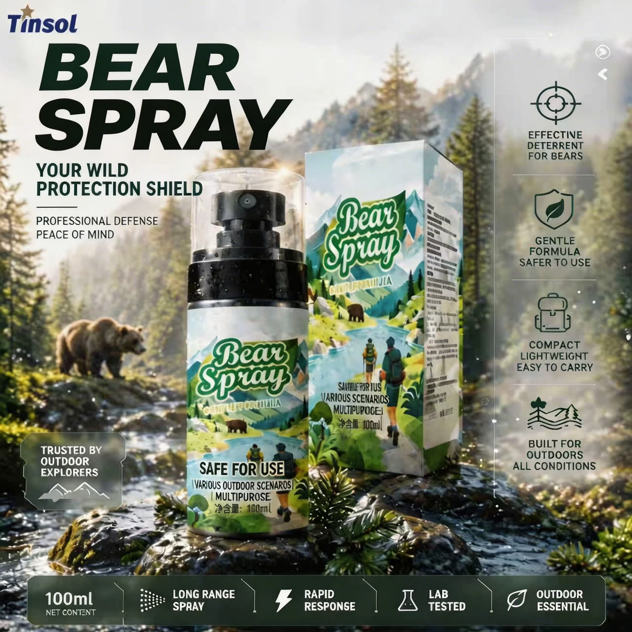 Spray Repelente de Animais Selvagens 100ml com Trava de Segurança, Dissuasor de Urso e Cães, Óleo de Pimenta Não Letal para Camping, Atividades ao Ar Livre, Caminhadas e Equipamento para Animais da Floresta