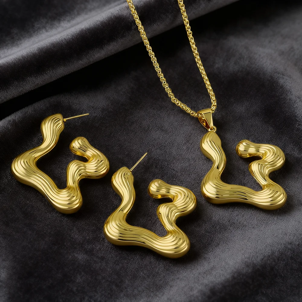 

Vintage Irregular Geometric stainless steel earrings necklace woman Trendy Temperament Niche 24k dubai wedding jewelry gift