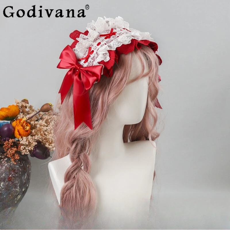 

Rose Flower Lace Bow Hairband Women's Lolita Original Design Hair Accessories Bonnet Flat Hat Female Sweet Cute Headband