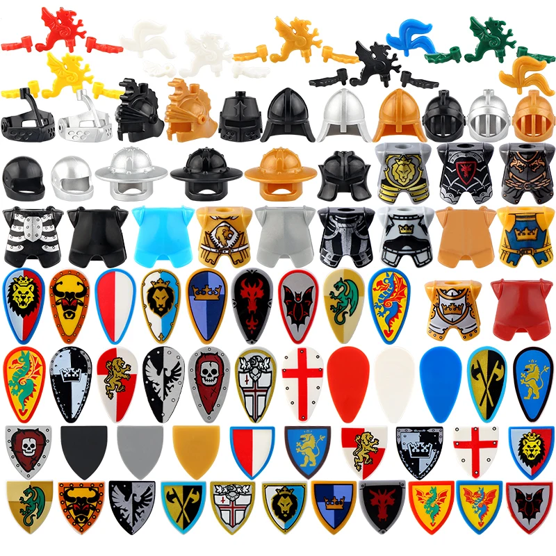 

Middle Roman Knight Dwarf Helmet Feather Accessories Building Blocks Medieval Green Dragon Blue Lion Crusader Lord Shield MOC