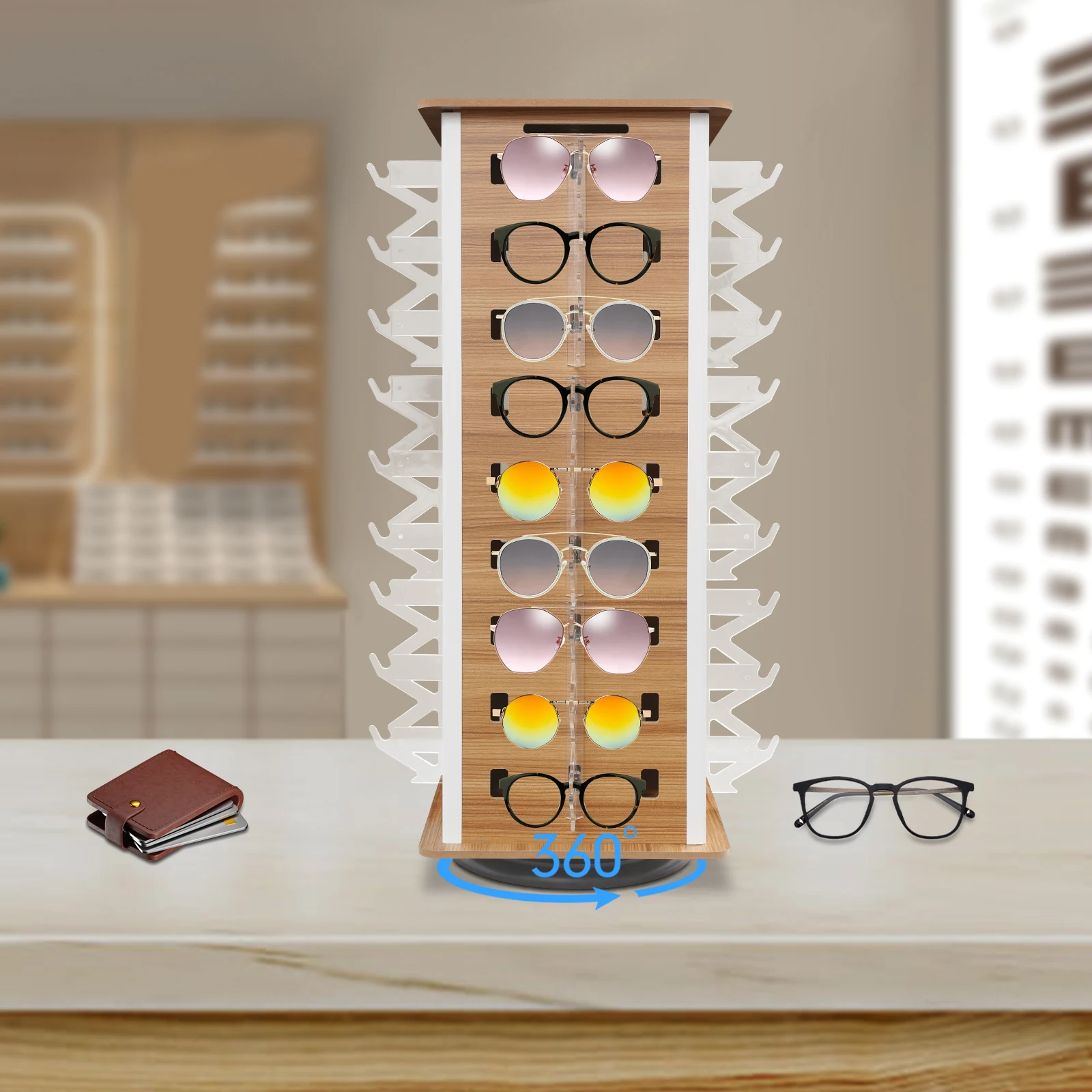 

Органайзер для очков из МДФ, темный цвет, квадратный, на 36 пар деревянных оправ для очков, модель 360 ° Вращающаяся подставка для очков