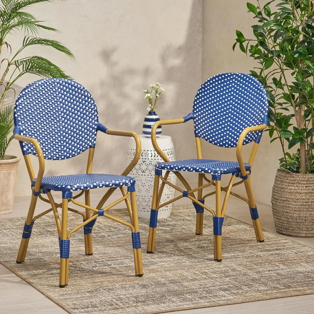 

Set of 2 French Bistro Chairs, All-Weather Rattan w/ Aluminum Frame & Bamboo