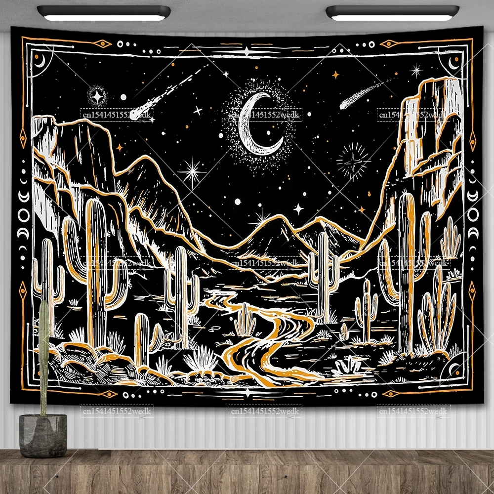 Mountain Tapestry Starry Night Moon Stars Tapestry Cactus Tapestry Black And White Tapestry  Wall Hanging Room Aesthetic Posters