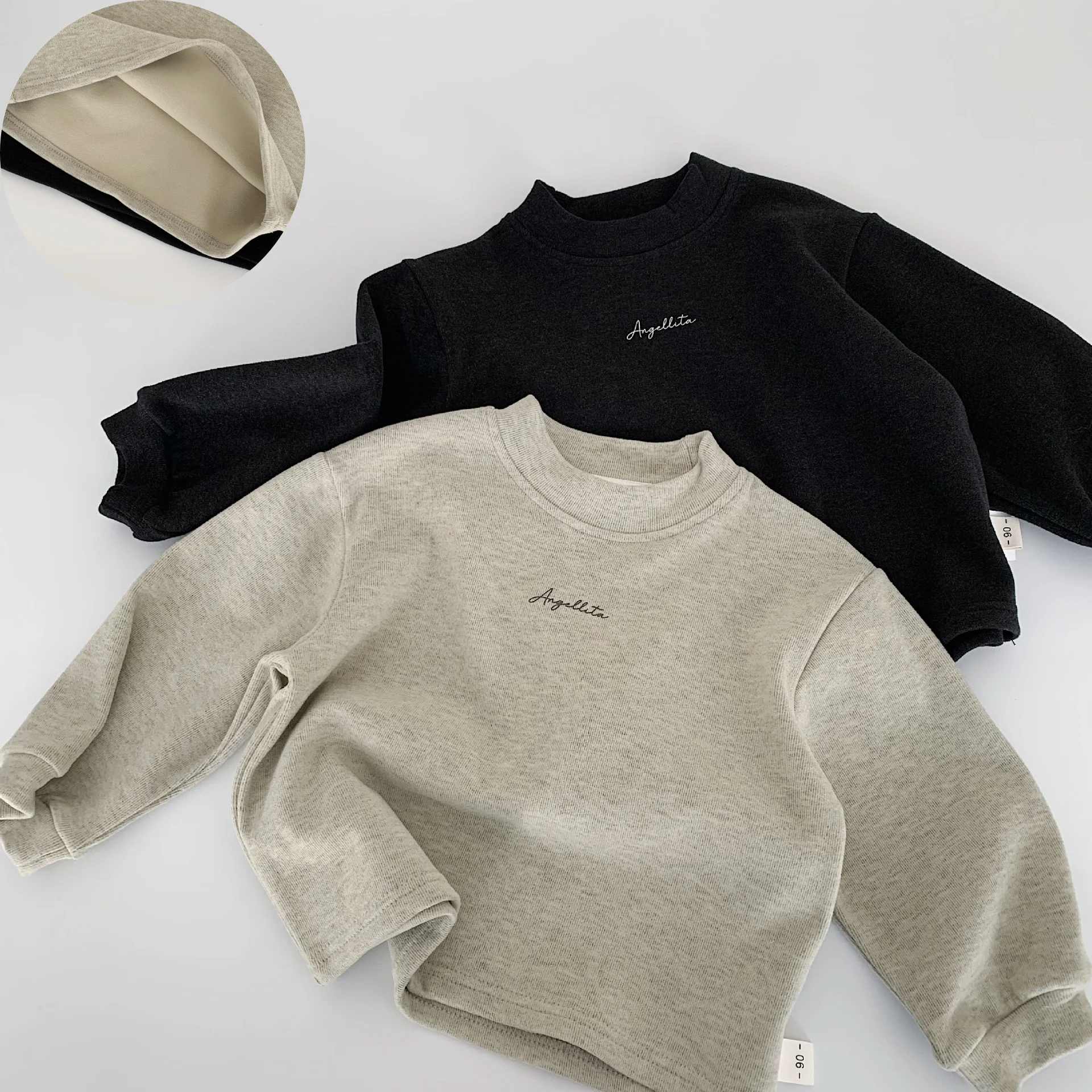 

Autumn 2-7Y Kids Fleece Lined Sweatshirt Boy Girl Half Turtleneck Solid Color Letter Embroidery Top Children Warm Casual T-shirt