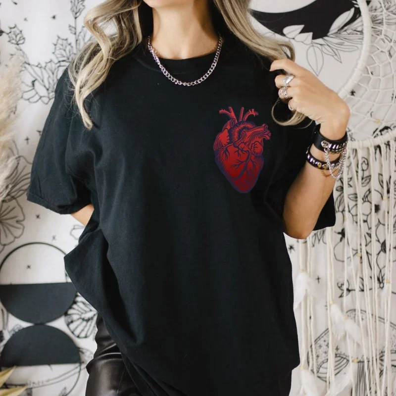 Anatomical Heart Pocket Print T Shirt Women Hipster Nurse Cardiology T-shirt Streetwear Aesthetic Anatomy Graphic Tees Tops 5XL