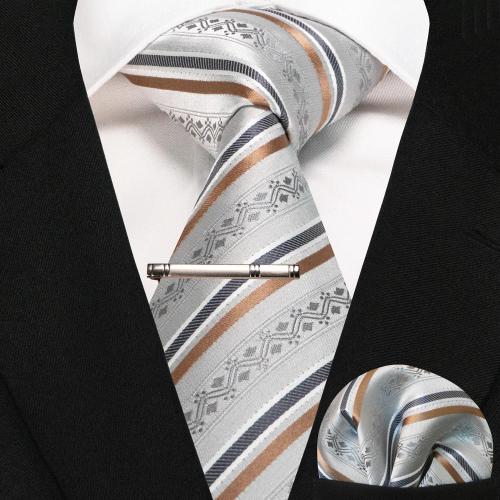 JEMYGINS Business-Krawatte für Herren, Seidenkrawatte in Marineblau, gestreifte Paisley-Krawatte, Einstecktuch, Krawattenklammern, Set für Hochzeit, Party, Geschenk – Detail 21